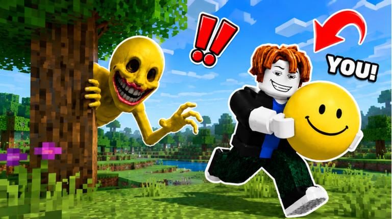 Official Roblox thumbnail of Steal A Verity: in daylight, a yellow monster leans from behind a tree while a player runs with a smiling yellow sphere.