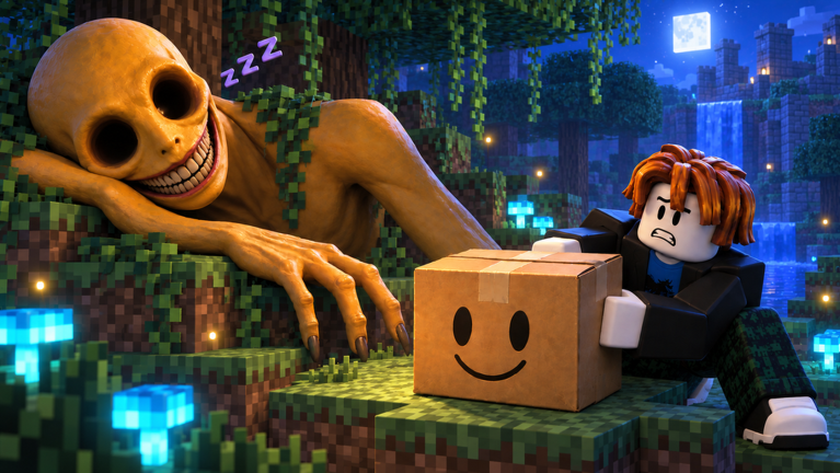 Official Roblox thumbnail of Steal A Verity: at night, a sleeping orange monster watches a player hold a smiling cardboard box.